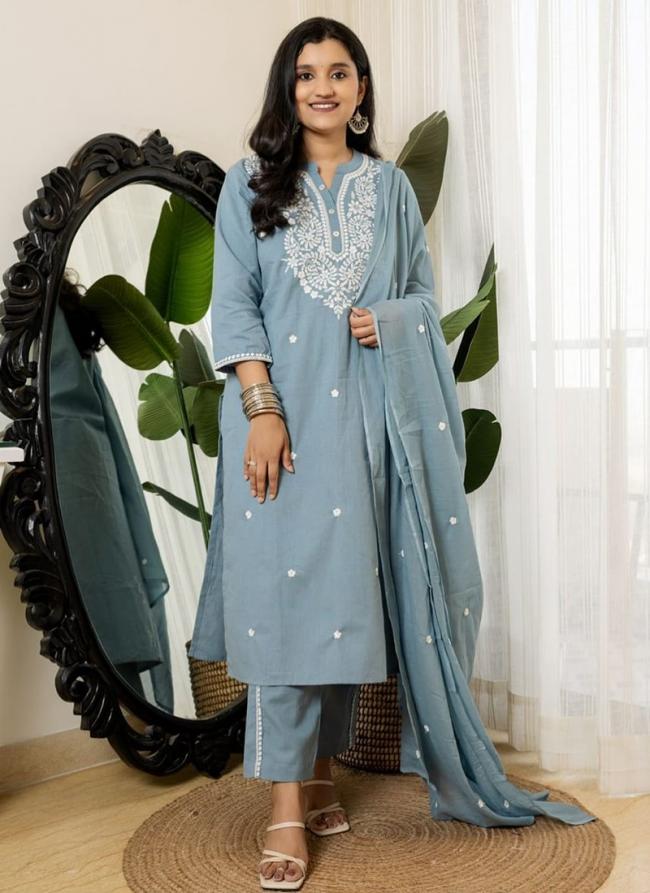 Cotton Light Blue Festival Wear Embroidery Work Readymade Kurti Set